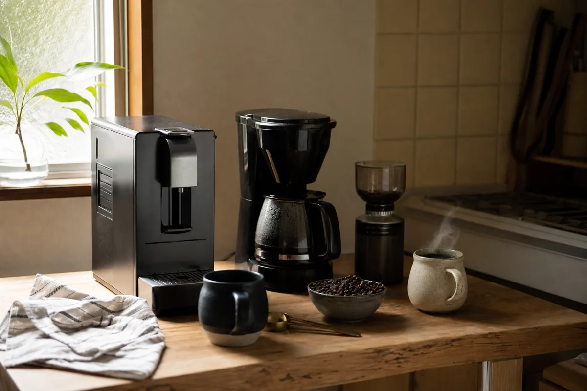 ミル付きコーヒーメーカーとドリップ式コーヒーメーカーをキッチンで比較するイメージ