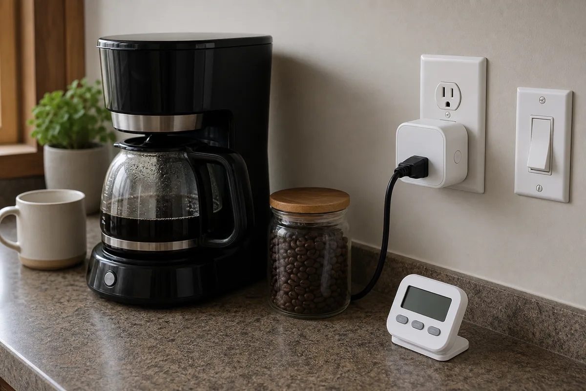 キッチンのコーヒーメーカー、スマートプラグ、照明、換気の安全な連動を確認するイメージ