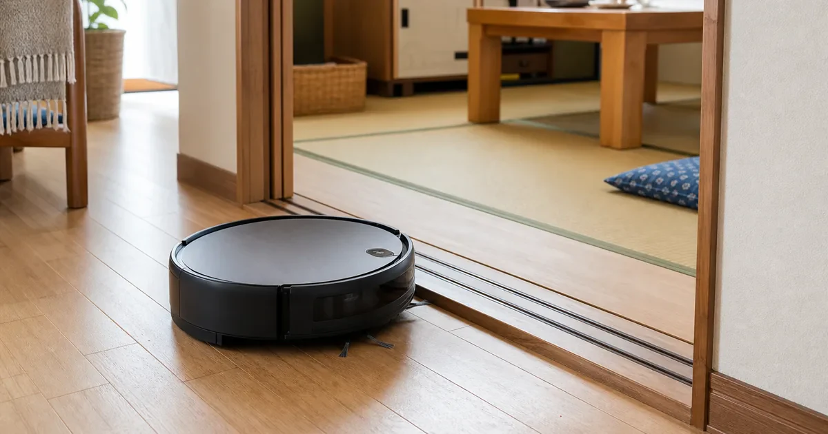 和室との境の木製敷居を前に止まるロボット掃除機