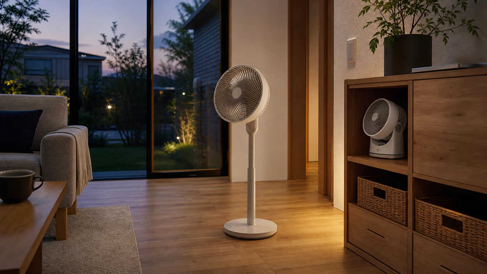 夕方のリビングでスタンド型と小型サーキュレーターを見比べるイメージ