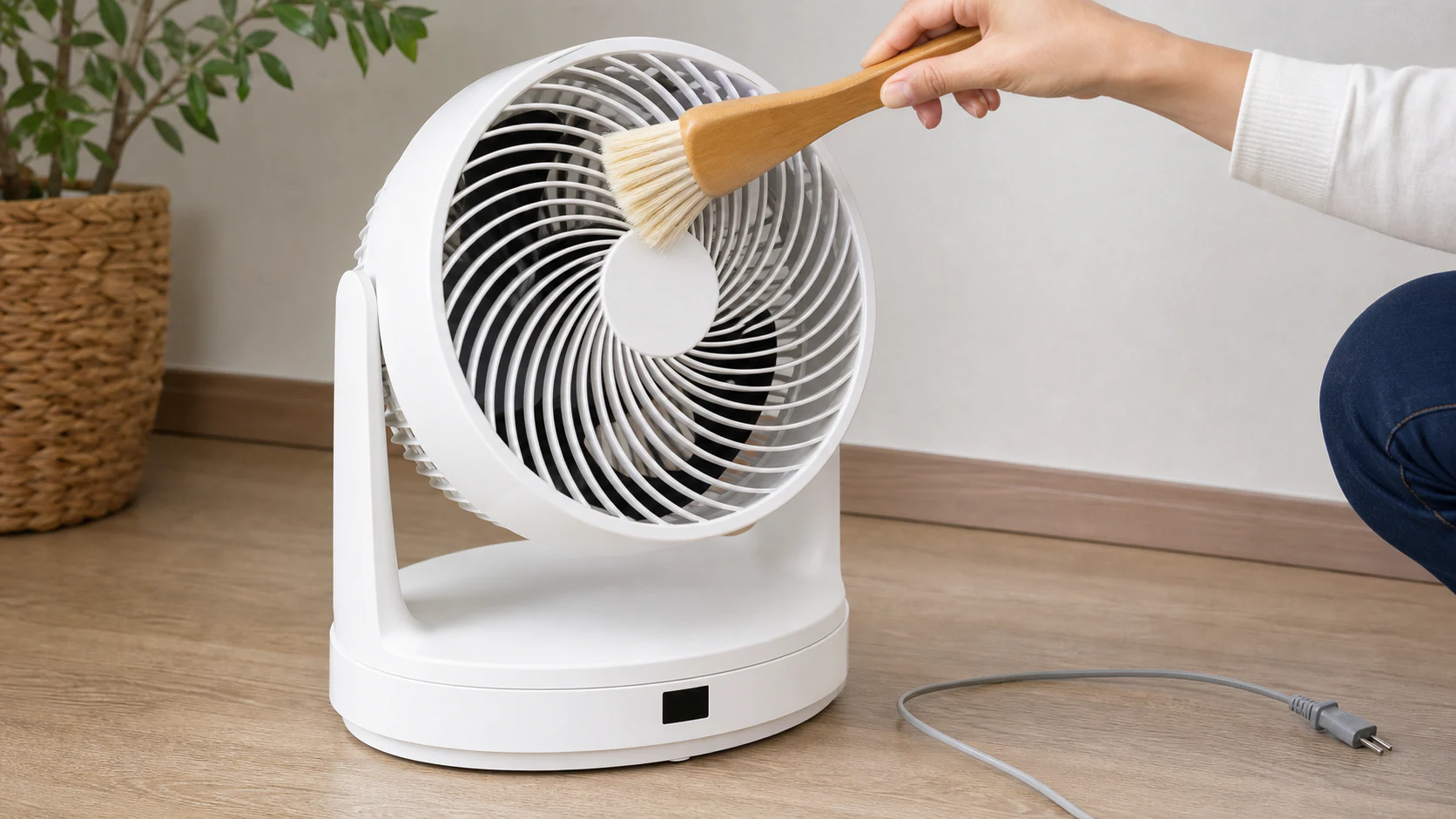 電源ケーブルを外してサーキュレーターのガードを乾いたブラシで掃除する様子