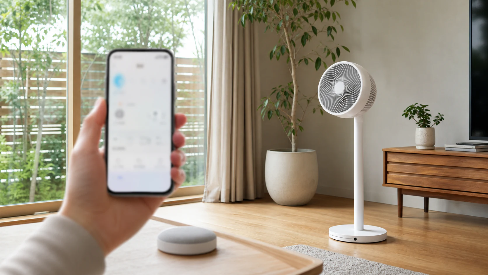 スマートフォンと小型ハブのそばで動くスタンド型サーキュレーター