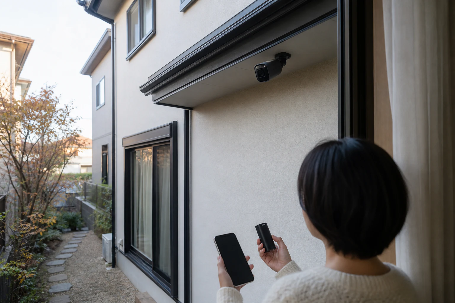 日本の2階建て住宅で軒下の屋外カメラと室内のスマートフォンを確認する場面