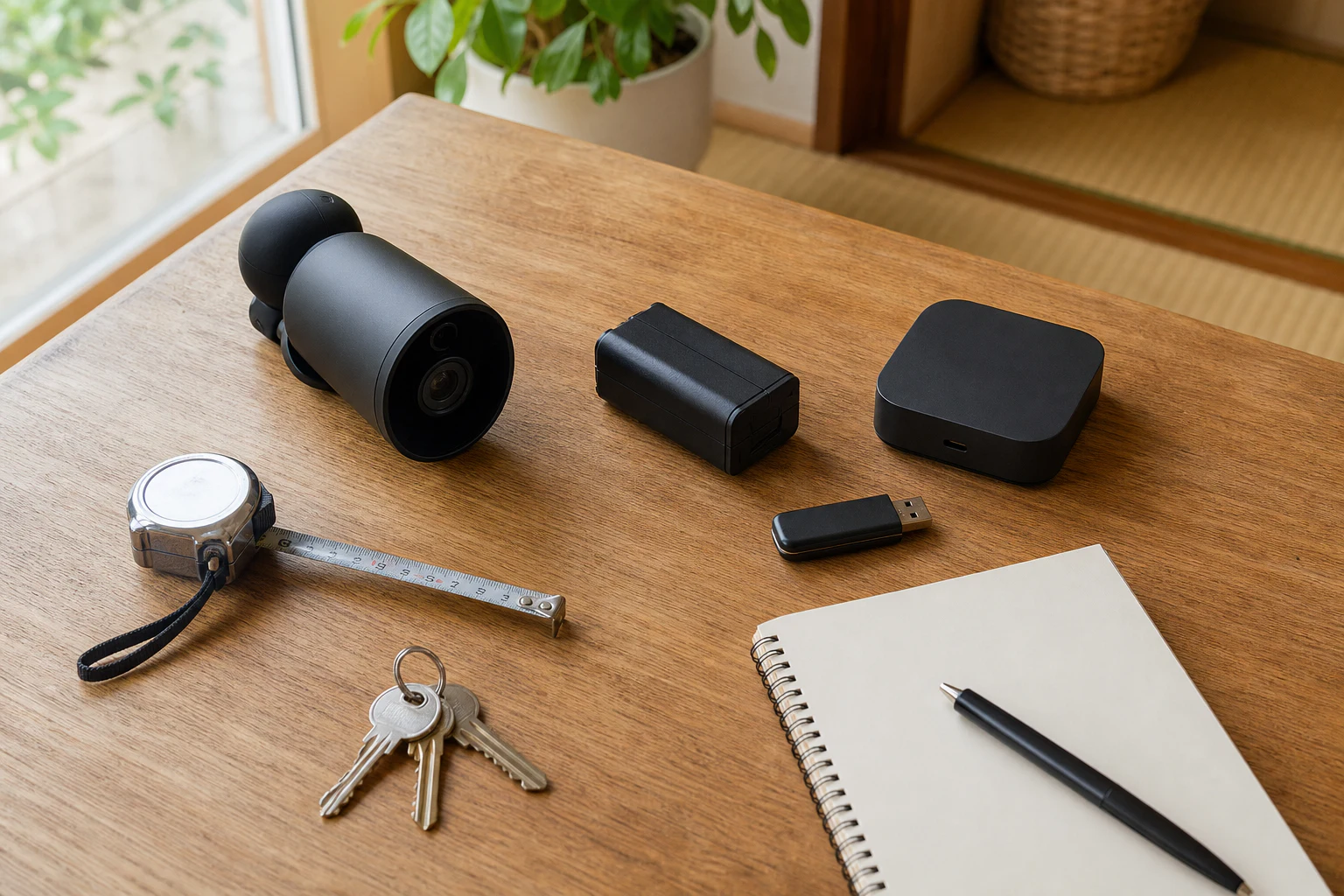 屋外カメラとルーター、USBストレージ、メジャーを並べて購入判断を整理する机