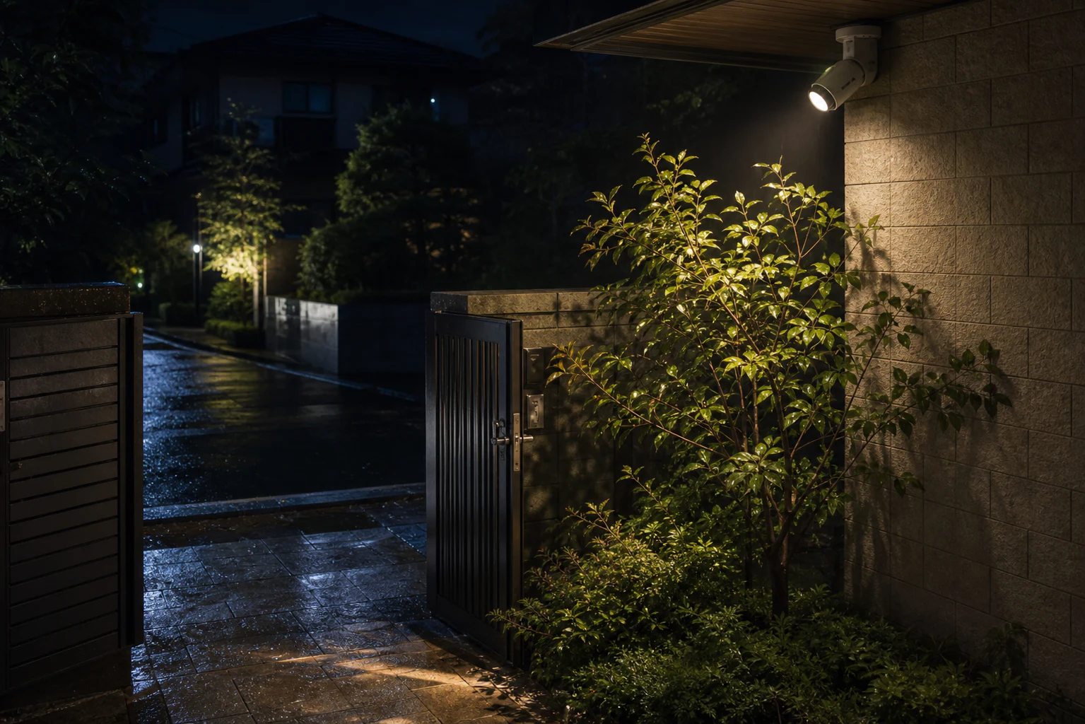 夜の日本の玄関先で屋外カメラのライトが門と植木を照らす場面