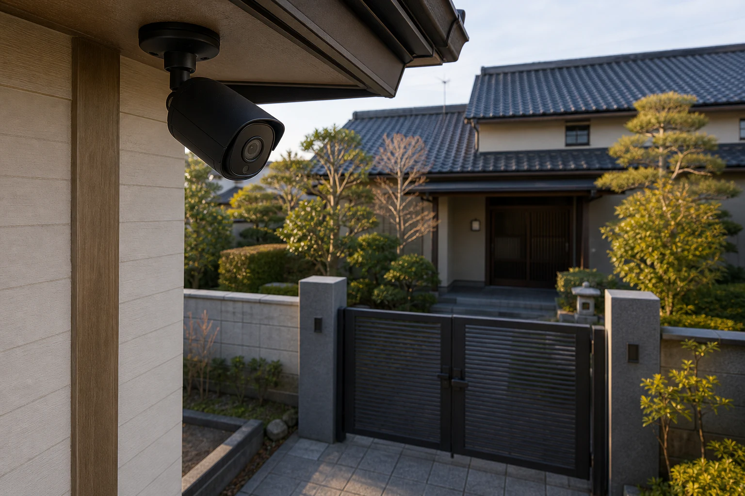 日本の住宅の門まわりを広い画角で見渡す屋外カメラの設置イメージ