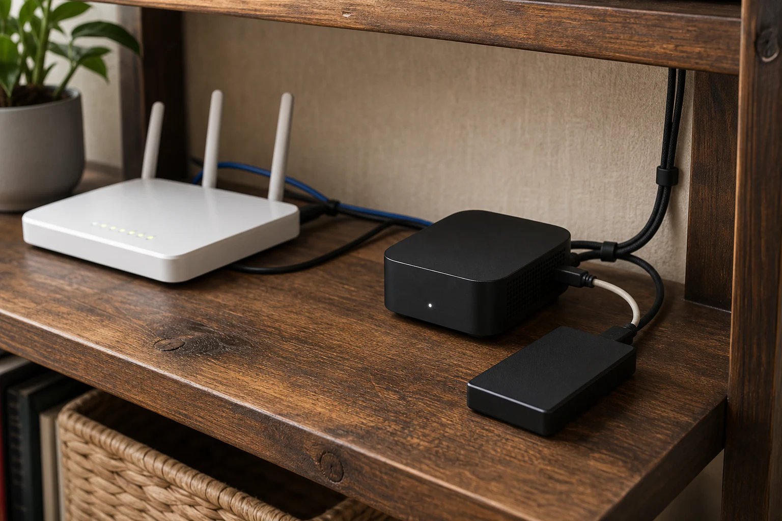 日本の家の通信棚で屋外カメラ用のハブとUSBストレージを整理する場面