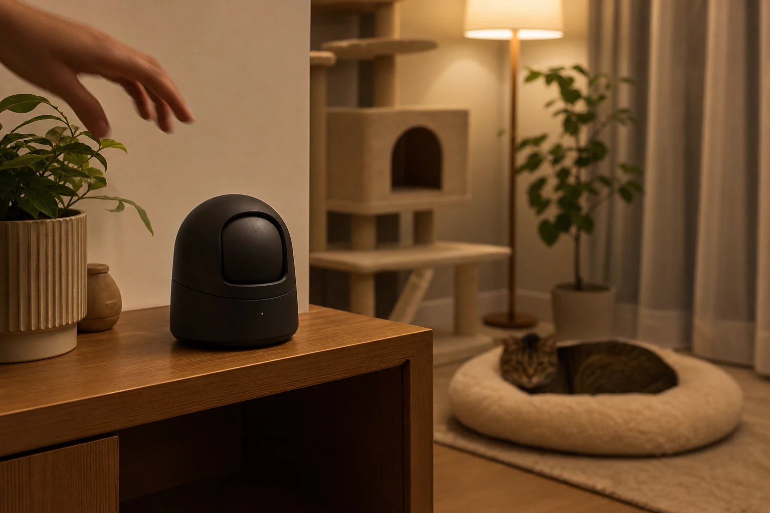 レンズを下へ向けてプライバシーモードにした室内カメラとペットの部屋