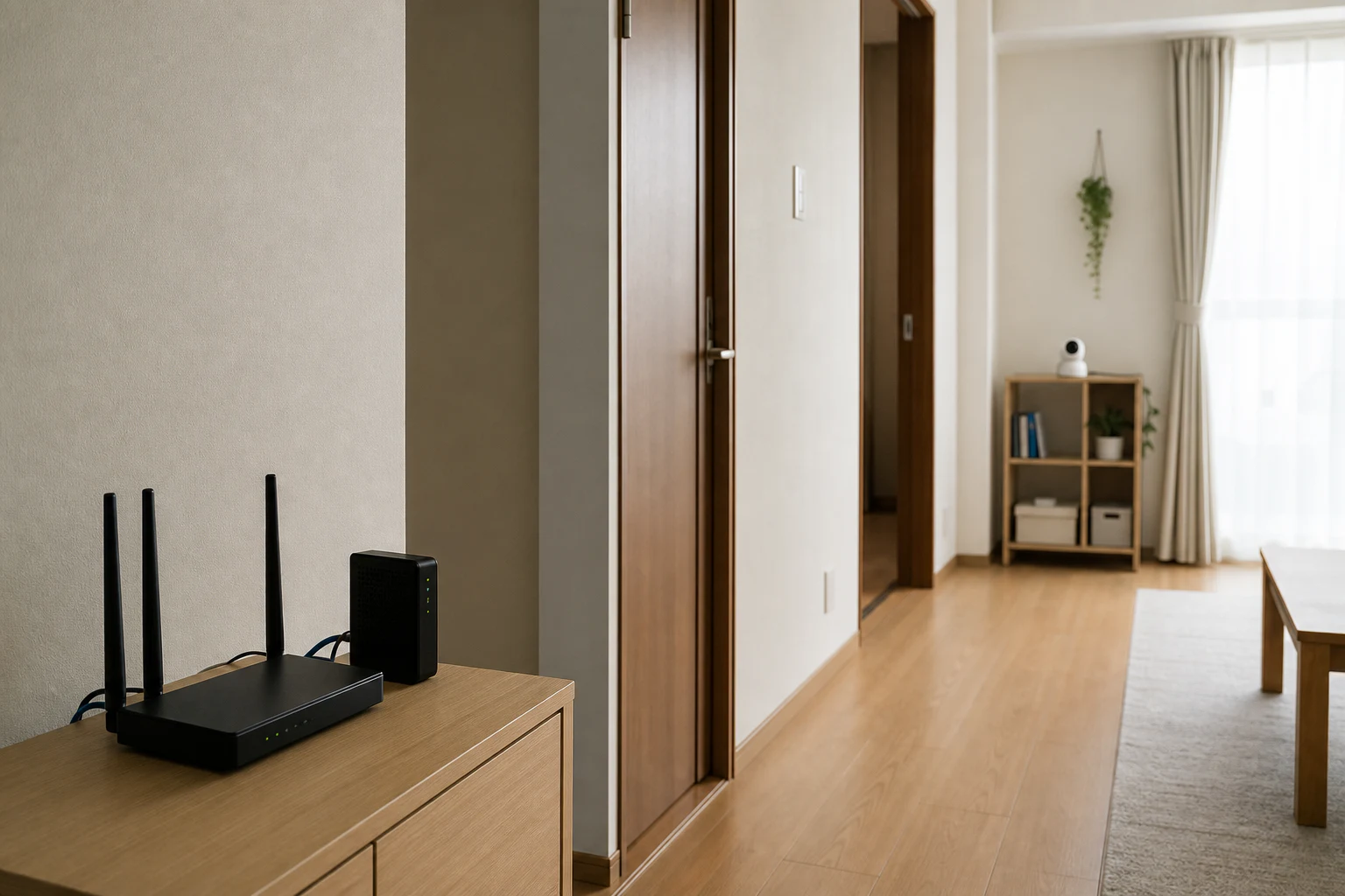 手前のWi-Fiルーターから廊下の奥に置いた室内カメラまでの距離が分かる部屋