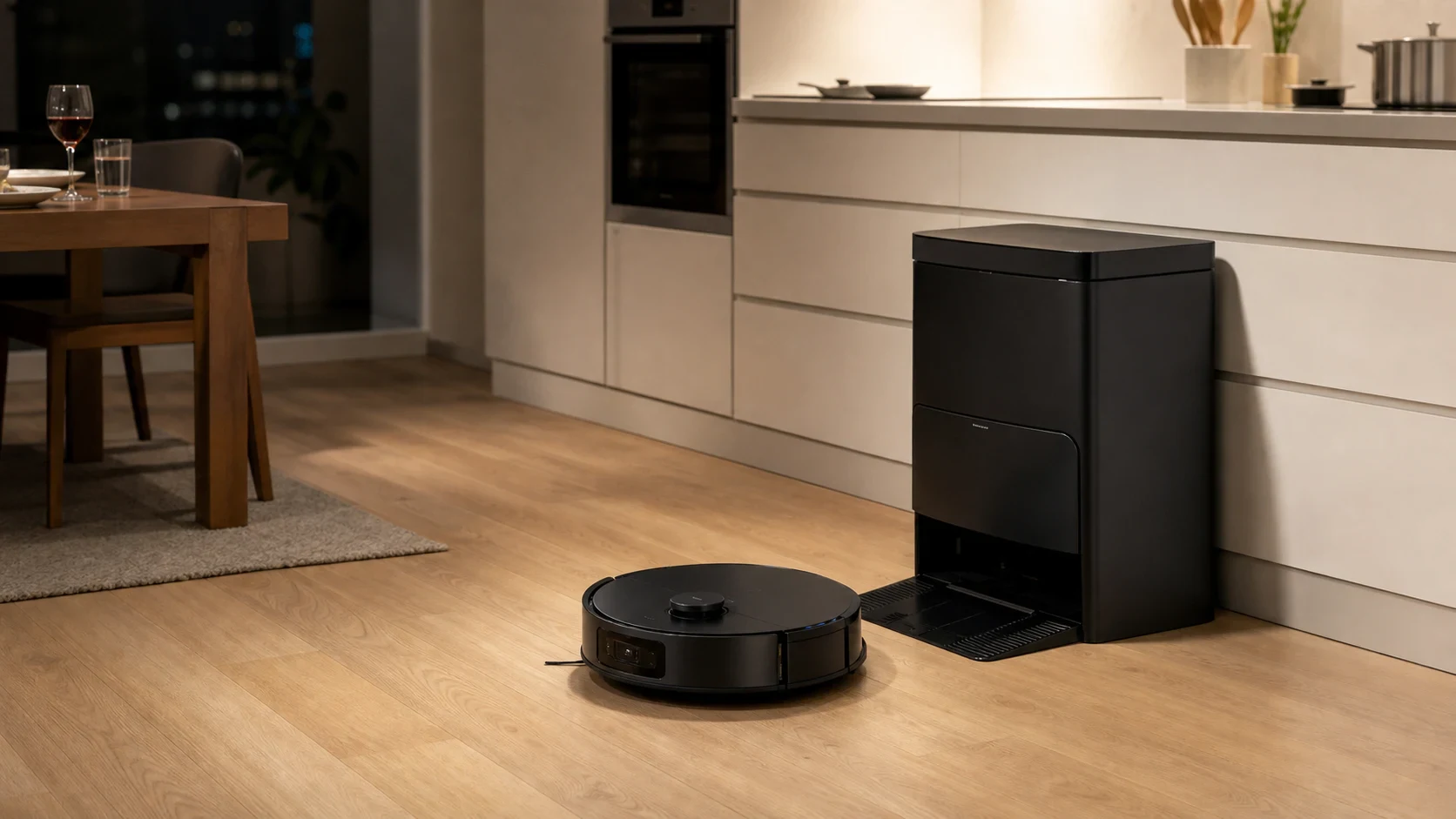 日本のキッチンで黒いローラーモップ式ロボット掃除機が床を進み、背後のステーションで待機している様子