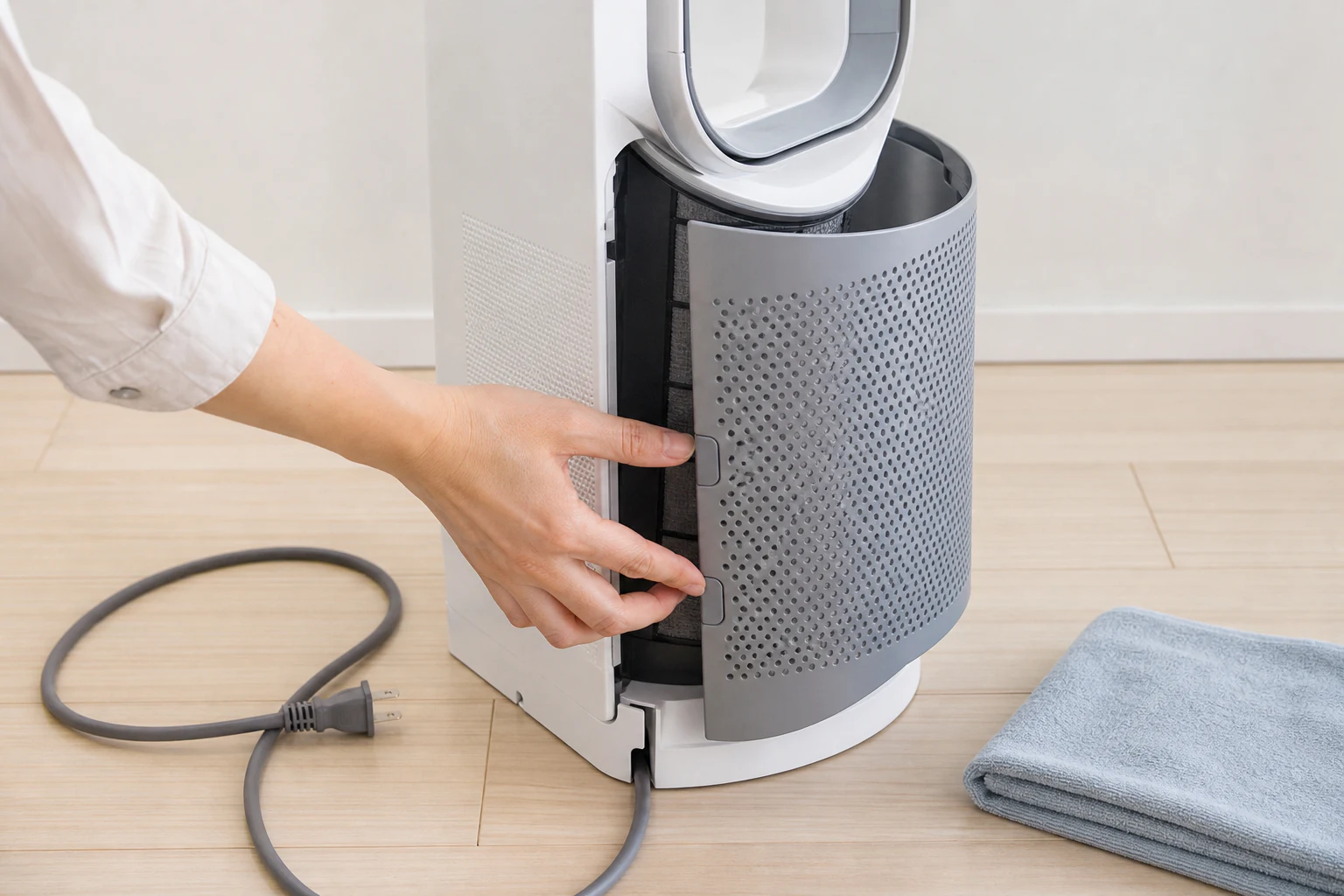 電源プラグを抜いてTP09のフィルターカバーを外す準備をするイメージ