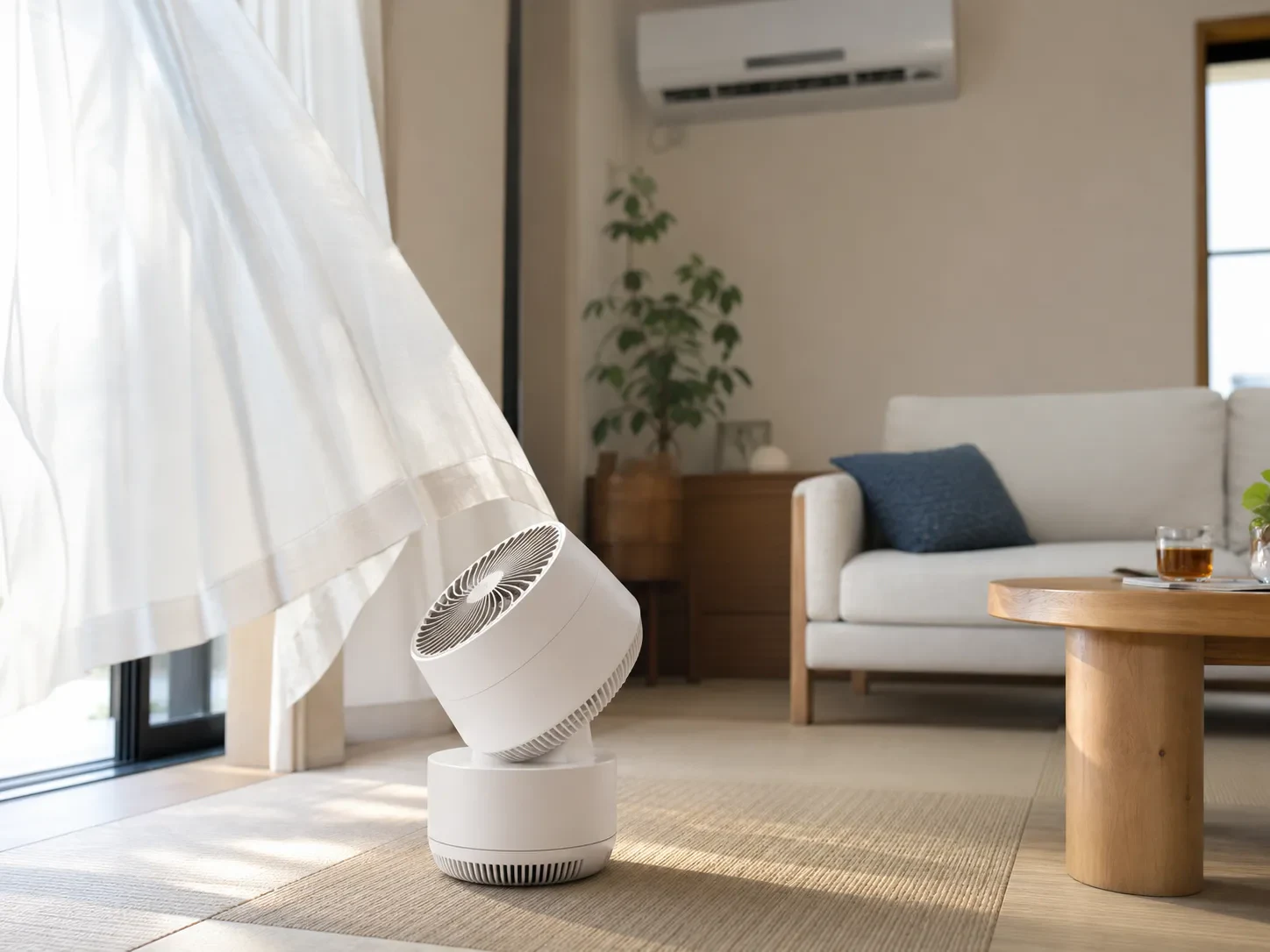 窓辺の居間で部屋の奥へ向けて送風するコードレスサーキュレーター