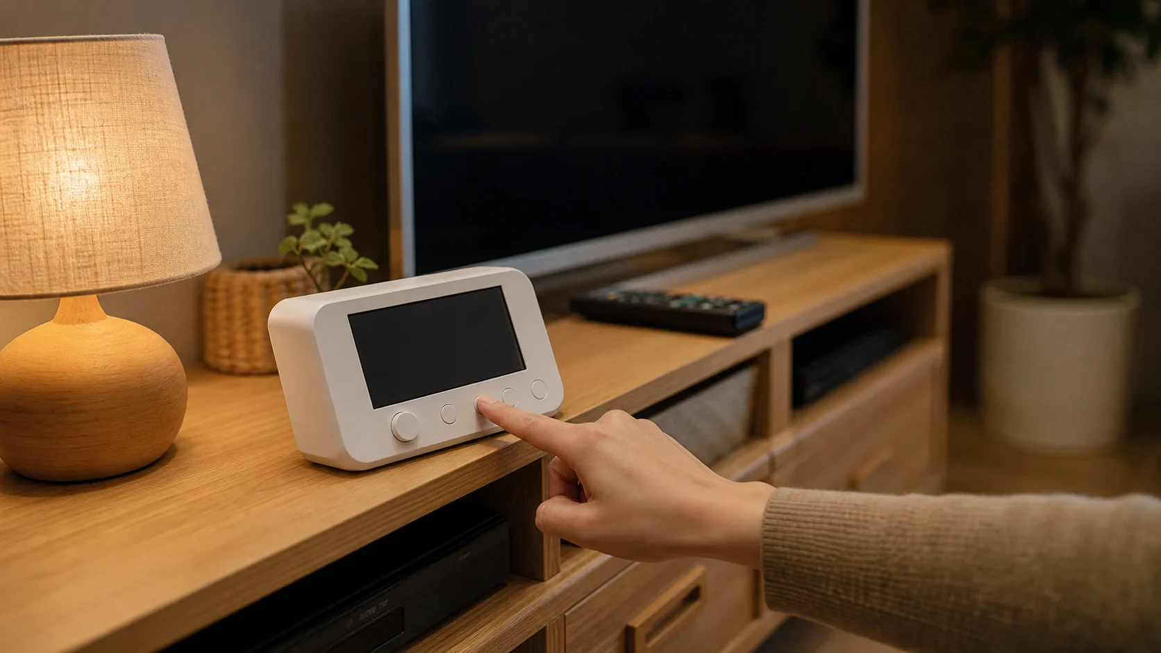 日本のテレビ台に置いた画面付きハブを家族が押せる高さから見る場面