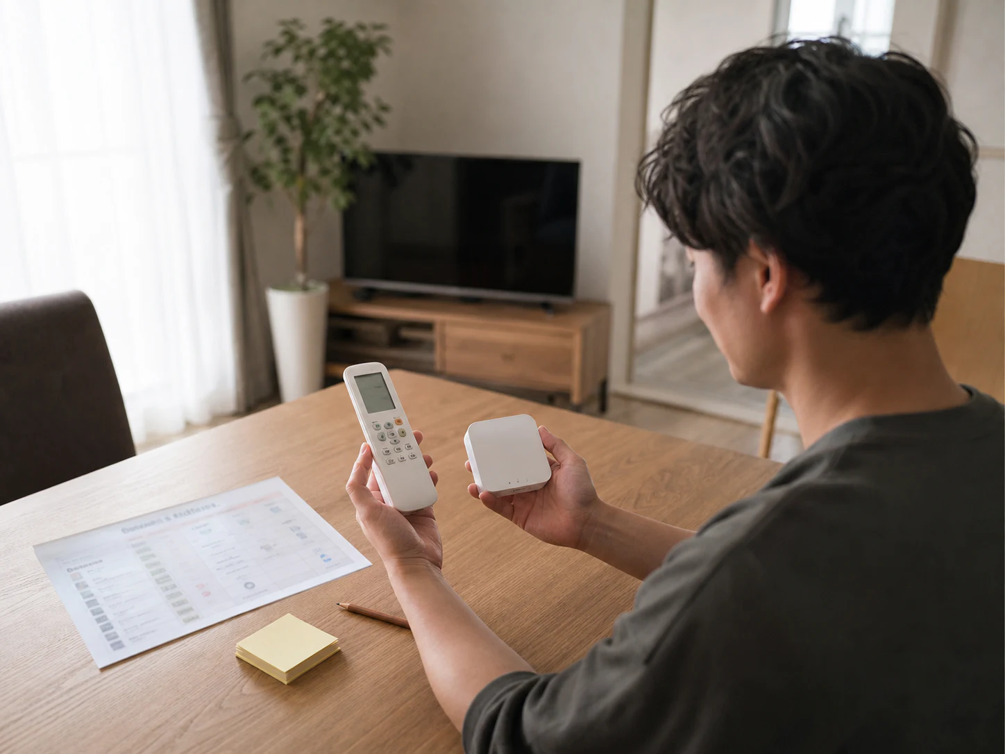 スマートホームの対応表と一般的なリモコン、小型ブリッジを机で照合する様子