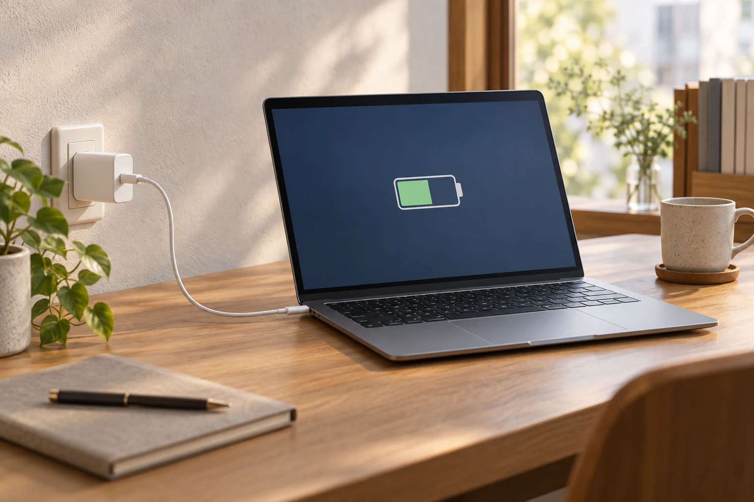 MacBook Airを白いUSB-C電源アダプタで充電する場面