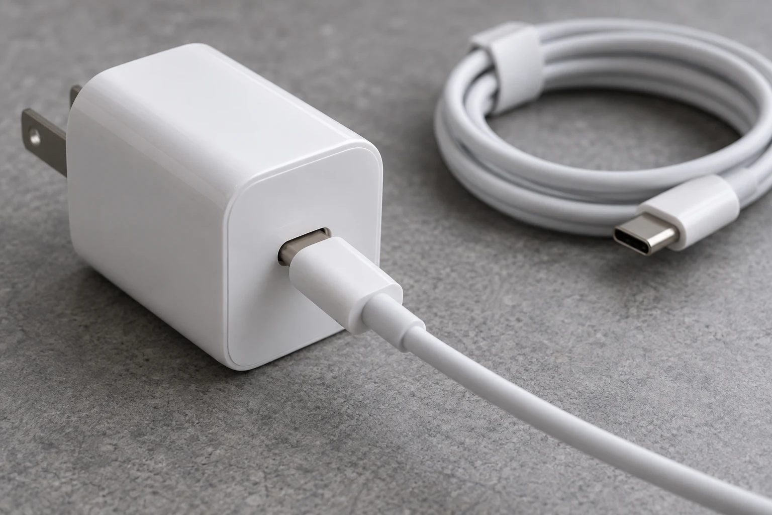 USB-C電源アダプタと2本のUSB-Cケーブルを近くで見る場面