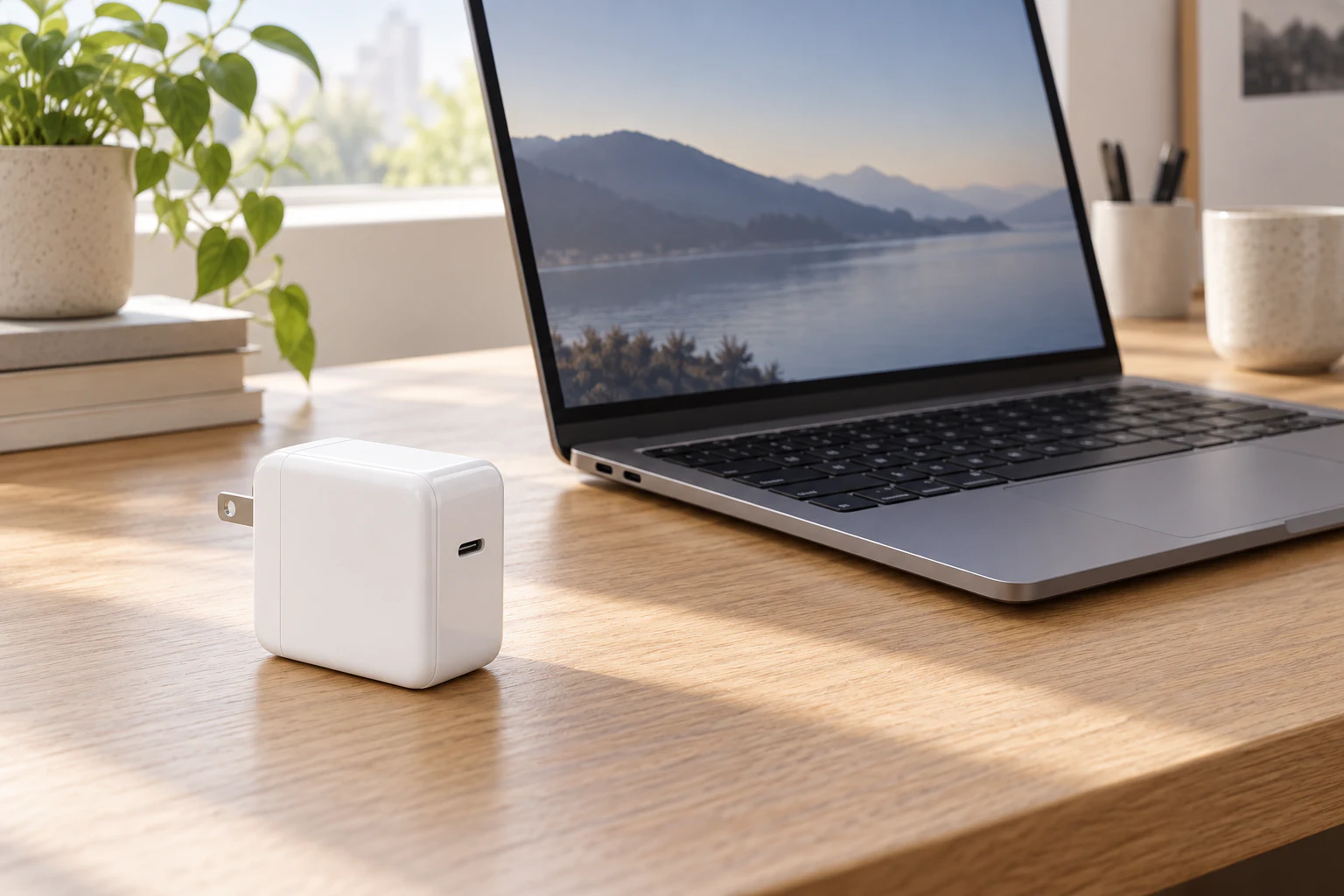 白い単ポートUSB-C電源アダプタとMacBook Airを木の机で使うイメージ