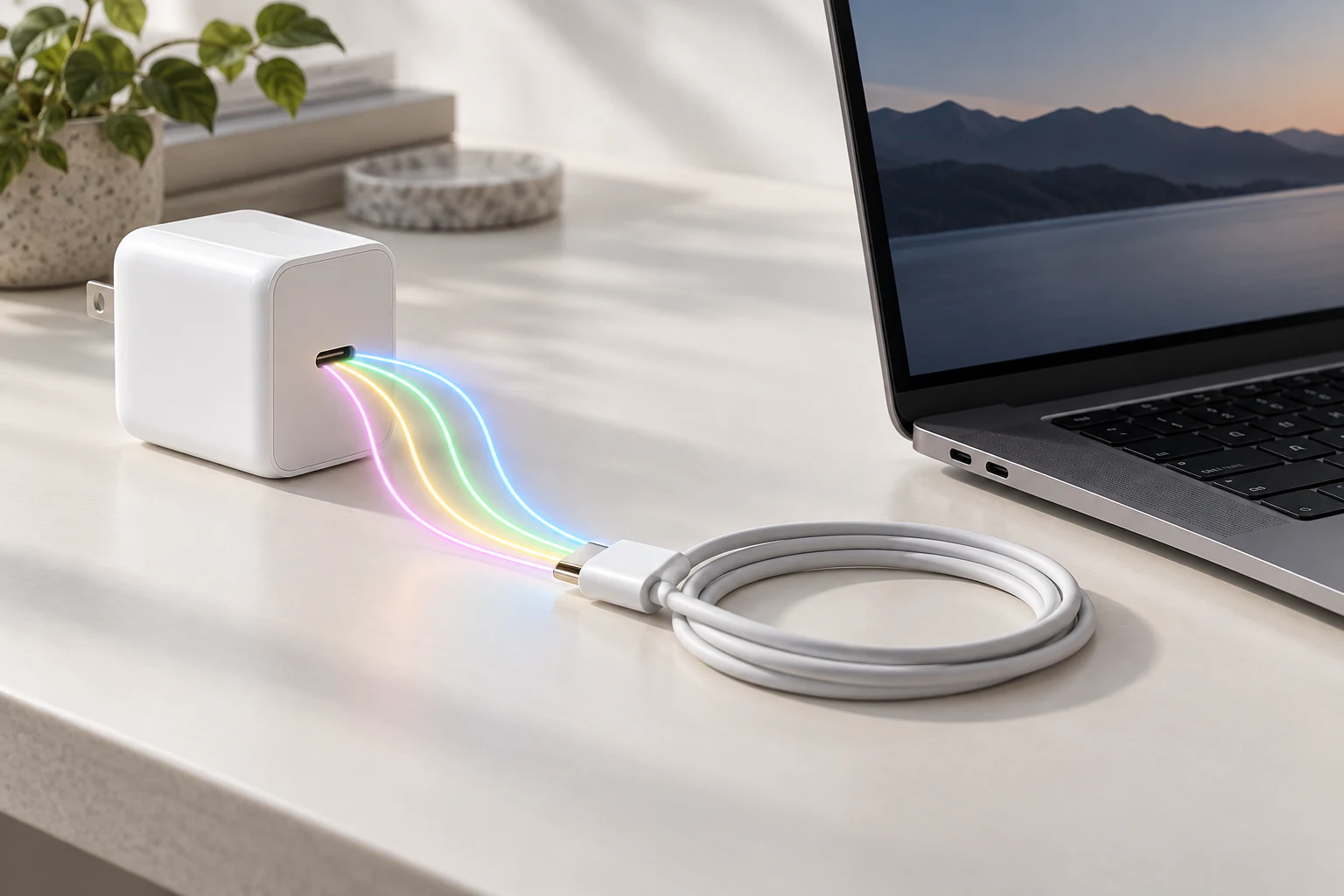 白いUSB-C電源アダプタからケーブルへ電力プロファイルが移るイメージ
