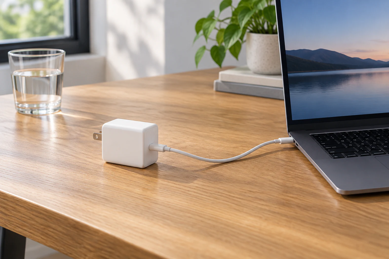 通気を確保した机の上でノートPCを充電する白いUSB-C電源アダプタ