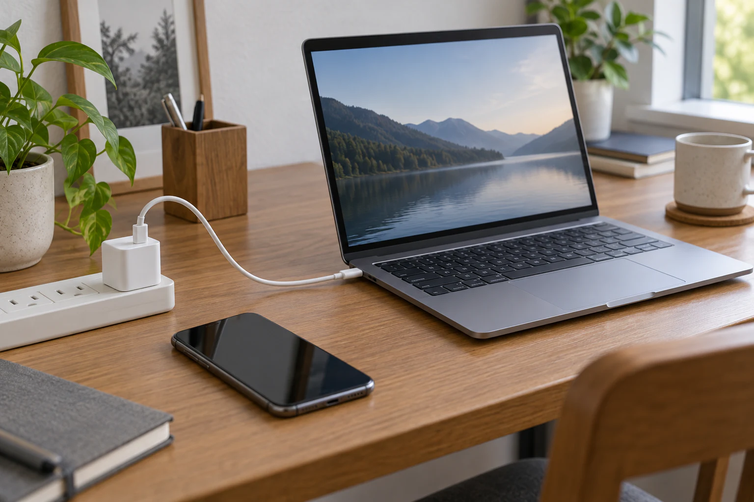 ノートPCだけを白い単ポートUSB-C電源アダプタにつないだ机