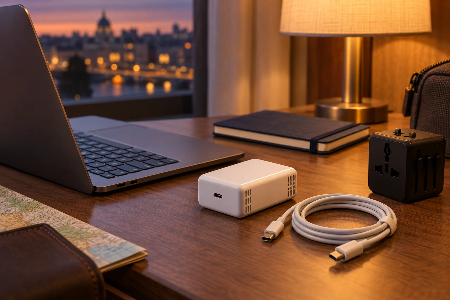 ホテルの机でノートPCと白いUSB-C電源アダプタ、変換プラグを置く場面
