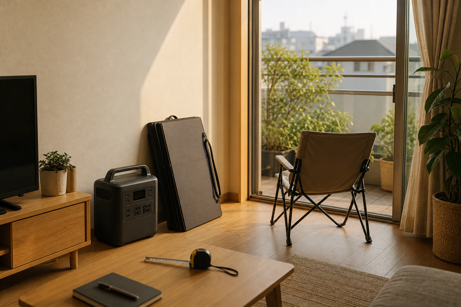 室内に置いたポータブル電源と折りたたみパネル、ベランダの広さを測るメジャー