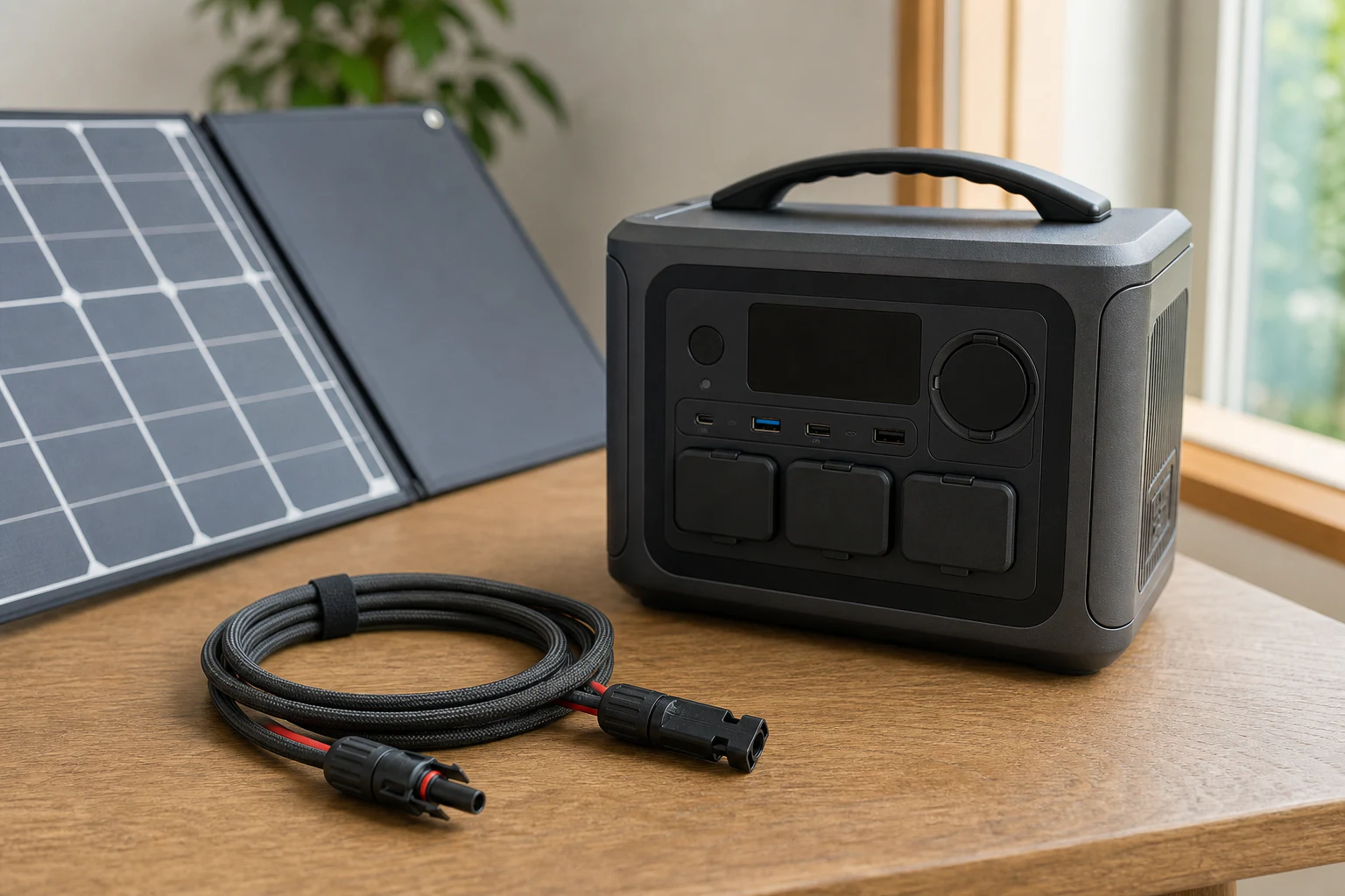 室内のポータブル電源とベランダの折りたたみソーラーパネルをつないだ場面