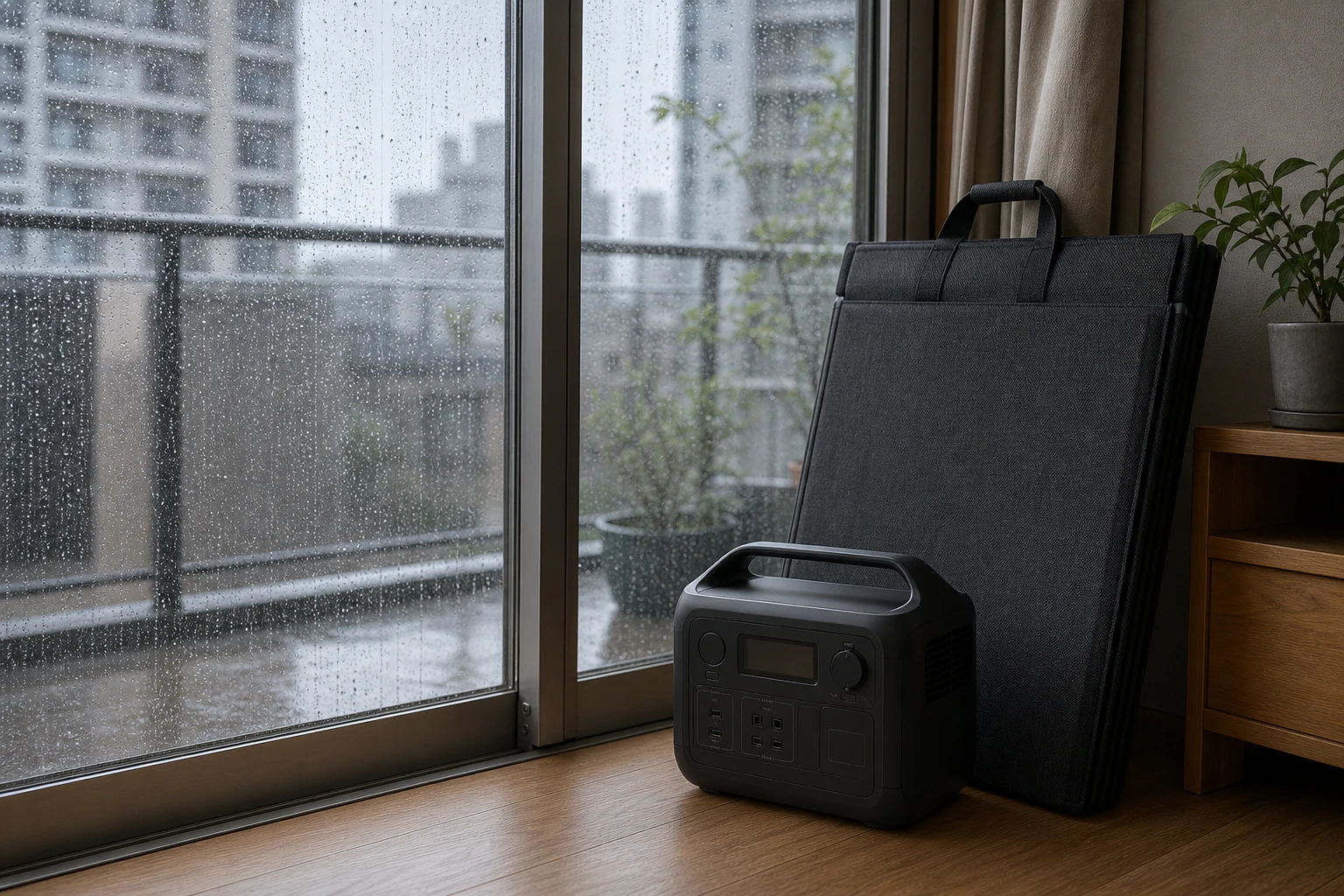 雨の日に折りたたみソーラーパネルとポータブル電源を室内へ戻した場面