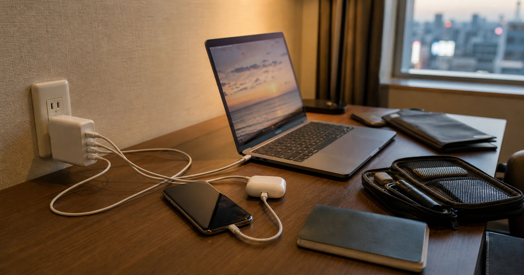 ホテルの机でノートPC、スマートフォン、イヤホンを一つのUSB-C充電器から充電する様子