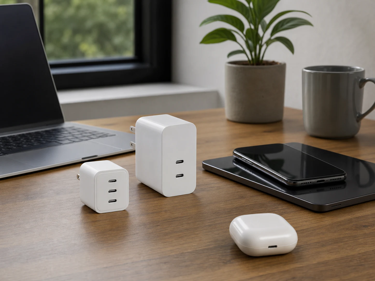 65W級と100W級のUSB-C充電器を机で比べる場面
