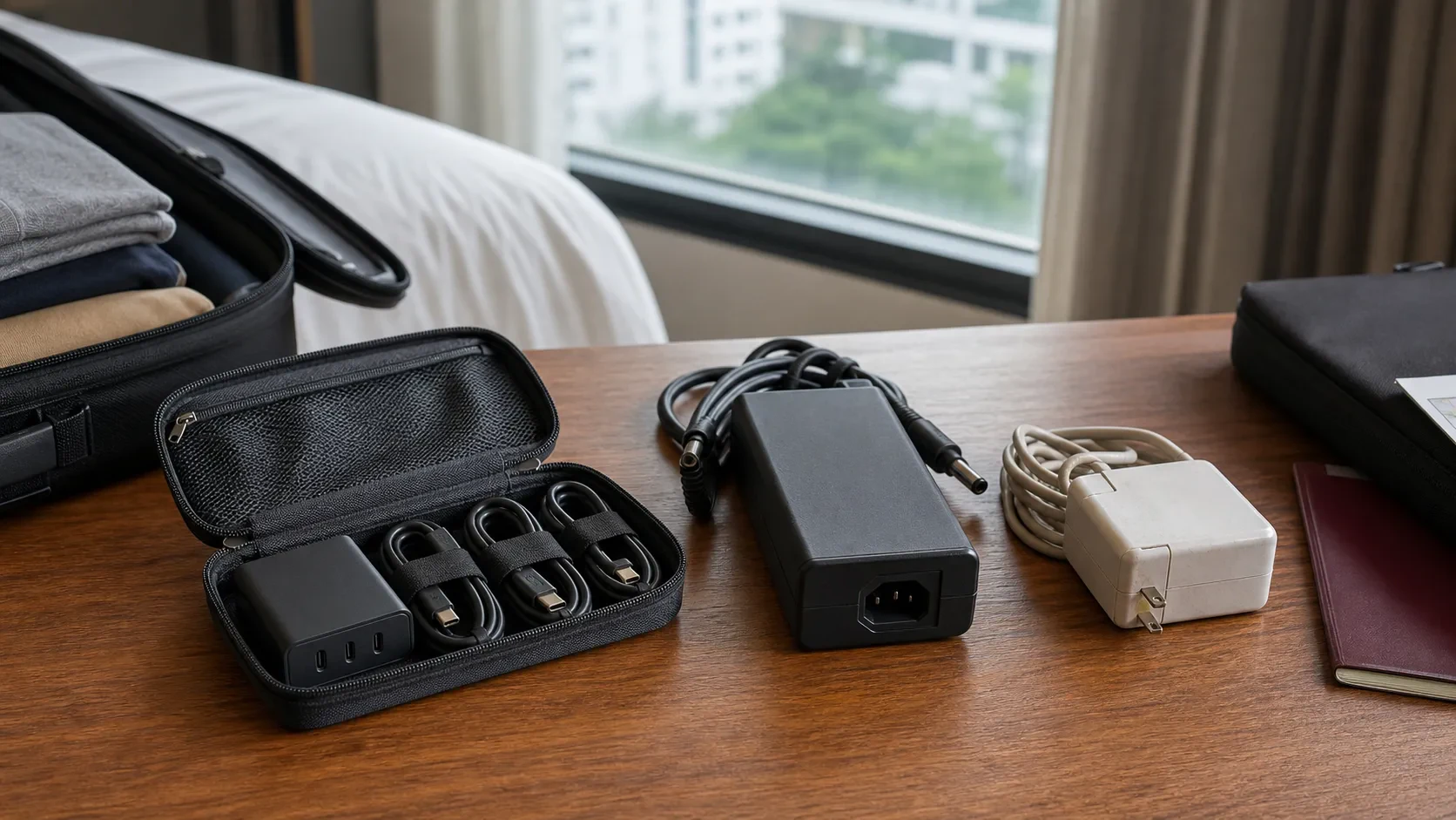 出張用ポーチにコンパクトなUSB-C充電器と3本のケーブルを収める様子