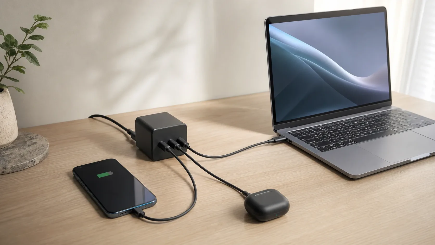 3ポートUSB-C充電器の出力配分をイメージできる机上の構成