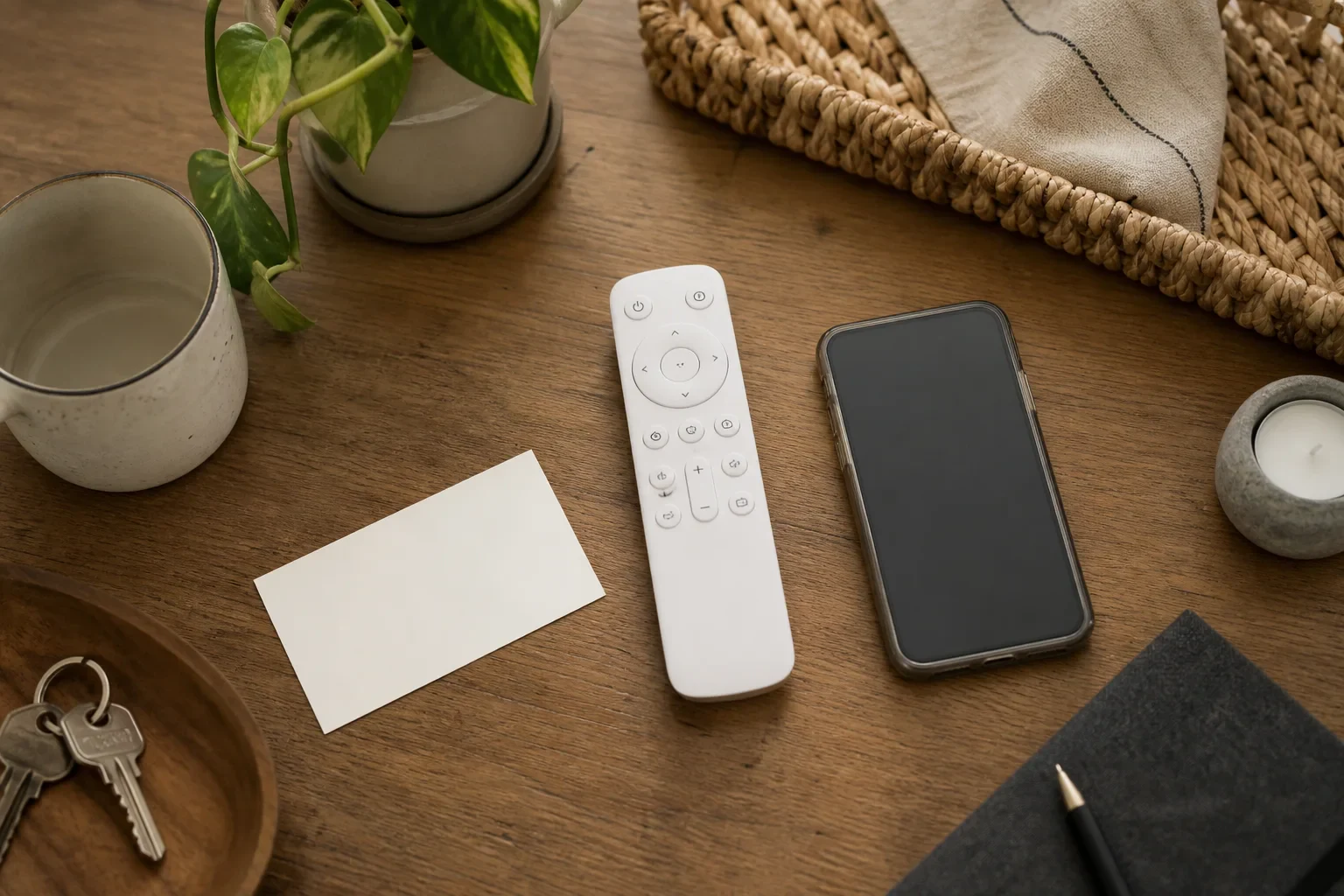 物理ボタンとスマートフォンを購入前に並べて考えるデスク