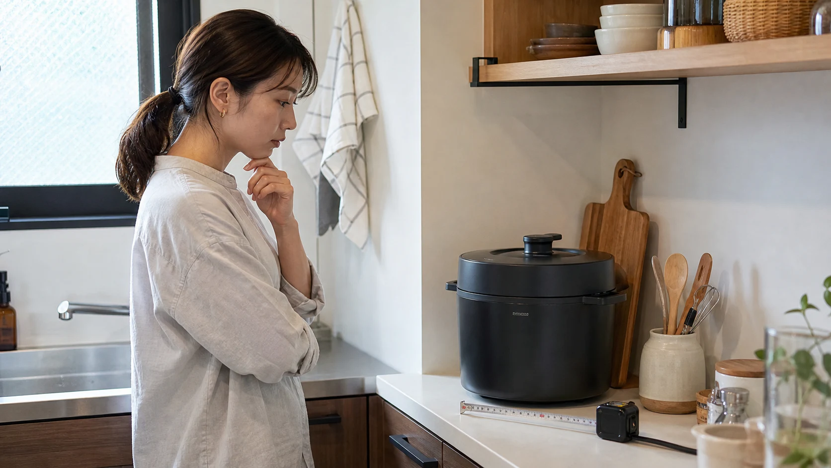 キッチンの置き場所を測りながら自動調理鍋の購入を考える場面