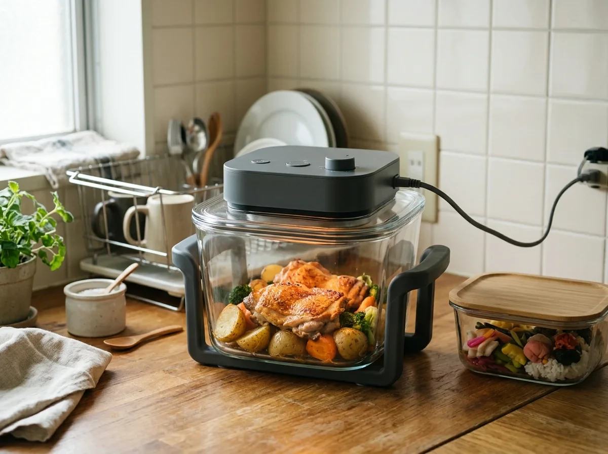耐熱ガラスコンテナにパワーポッドを載せたNinja Crispiと、調理後の料理が入ったガラス容器