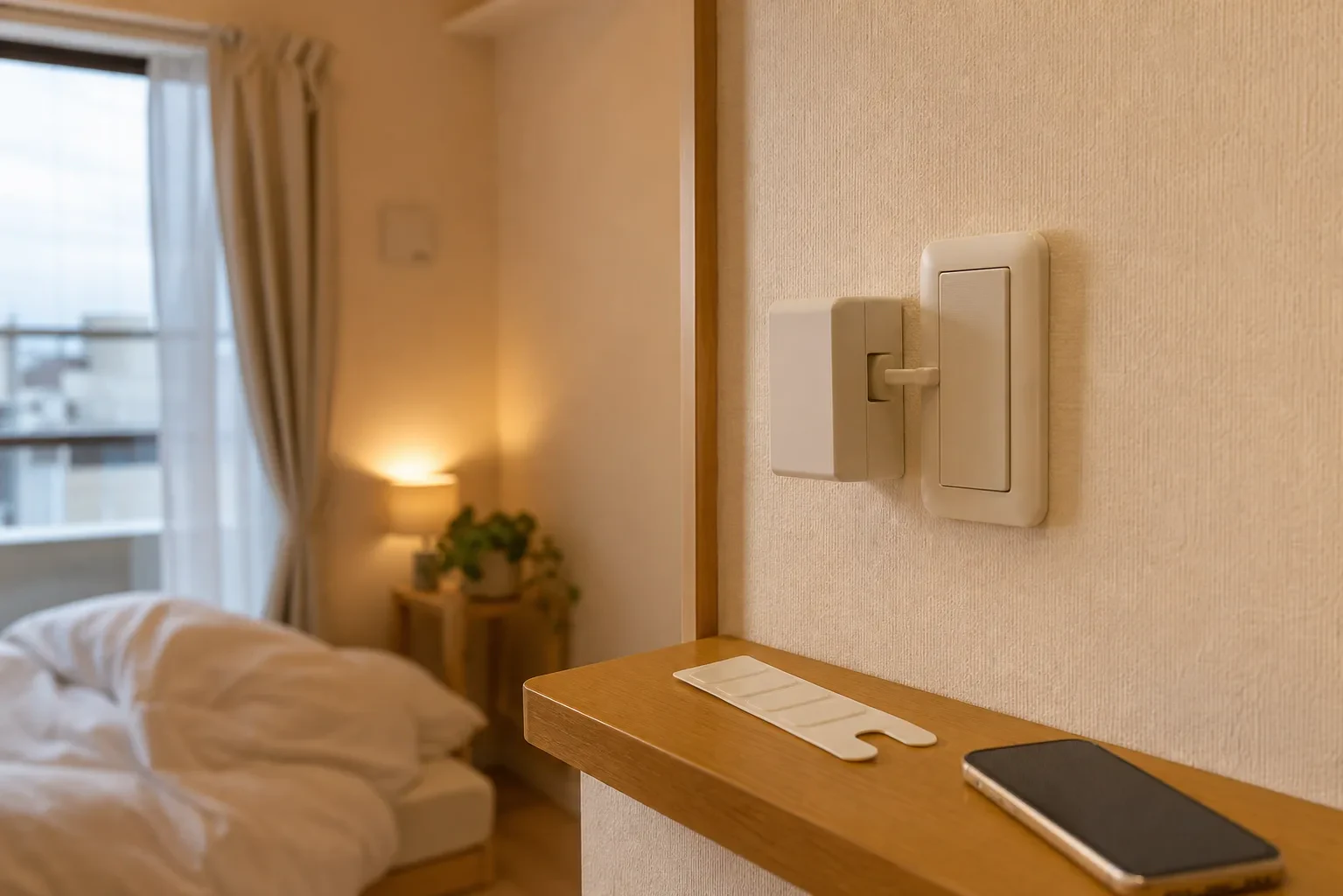 賃貸の部屋で壁スイッチの横へ小さな後付けアクチュエーターを貼り付けるイメージ