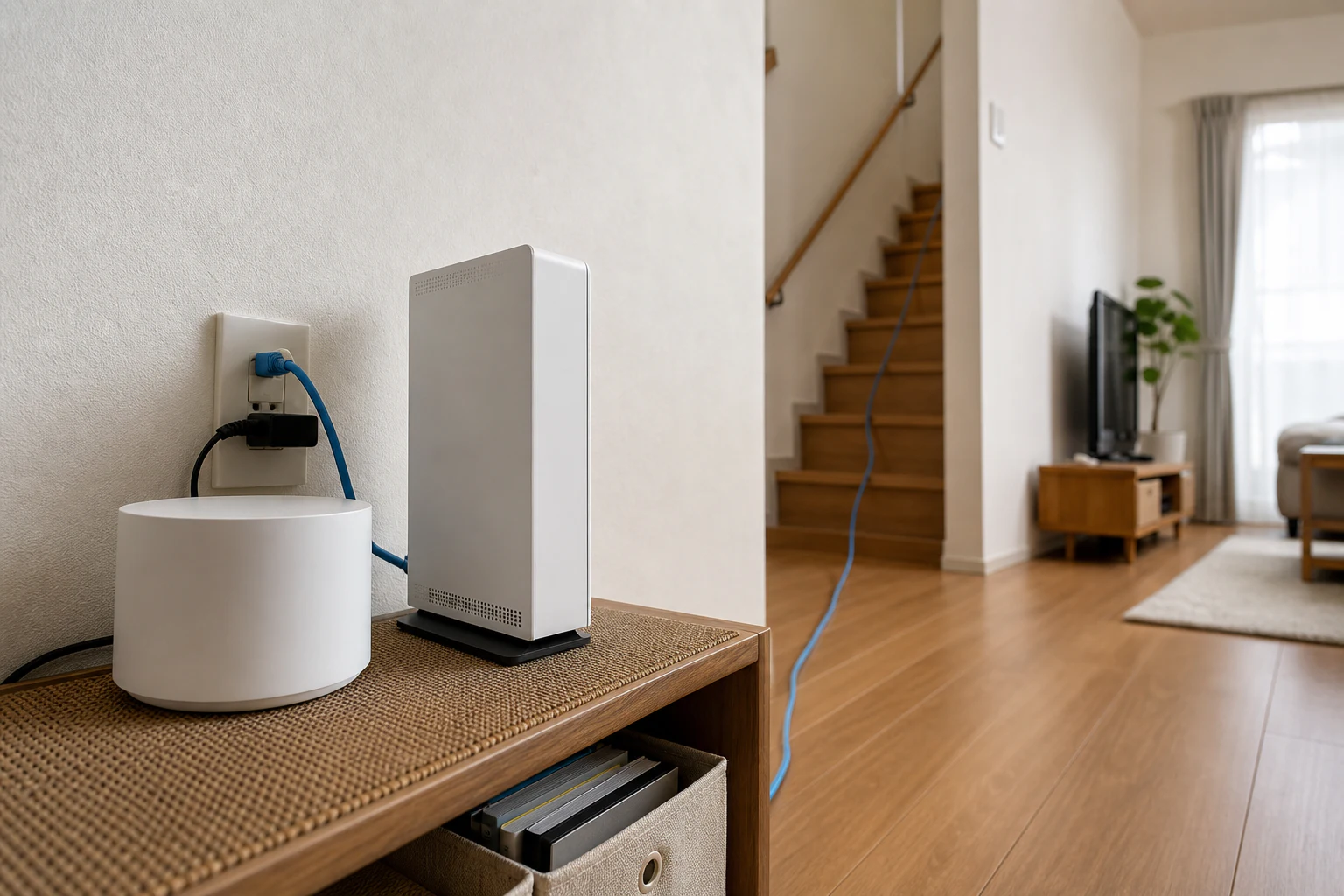 1階と2階をLANケーブルでつなぐメッシュWi-Fiの家庭内イメージ