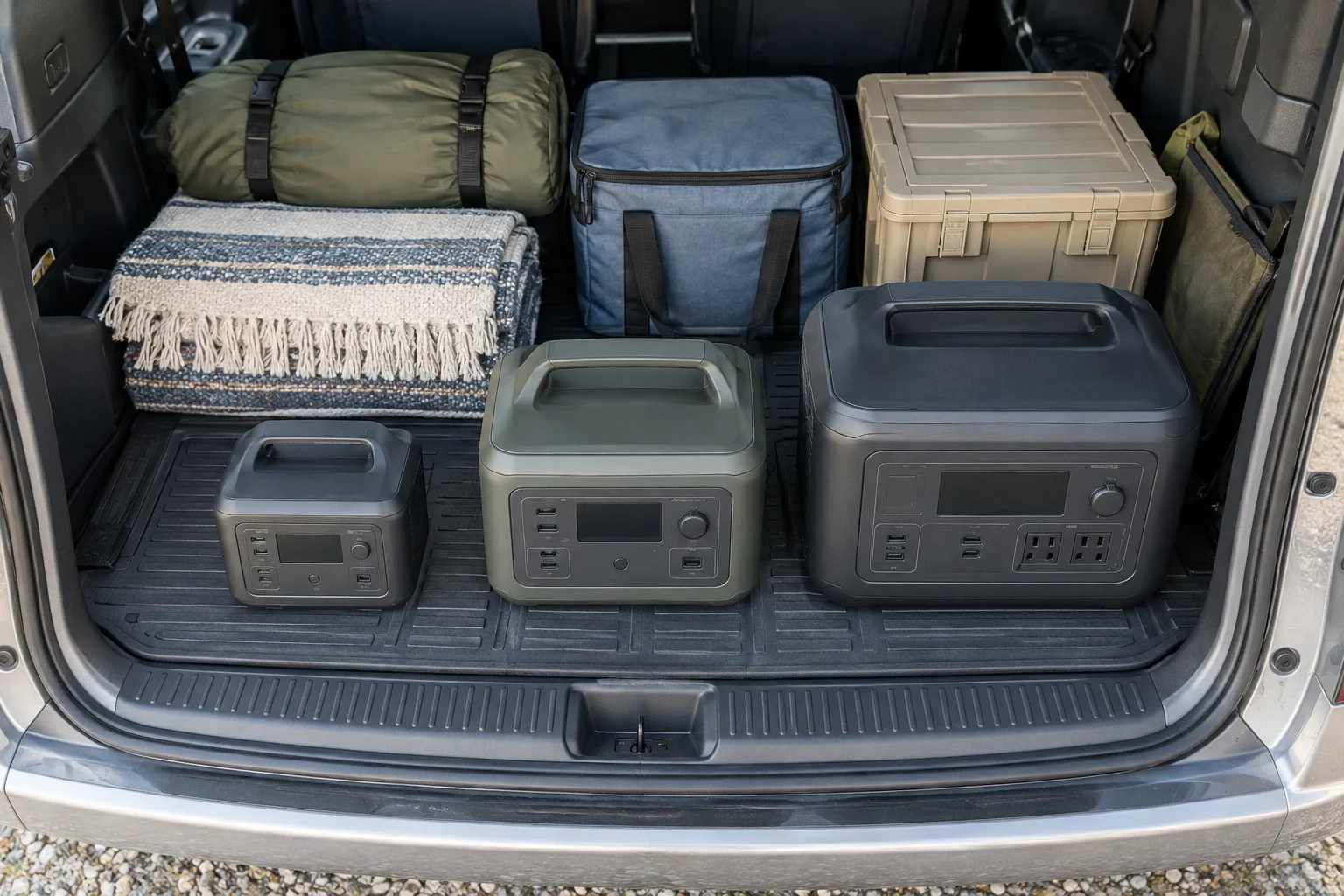 車中泊の荷室へ大きさの異なるポータブル電源を並べ、寝具やクーラーボックスとの余白を比べる場面