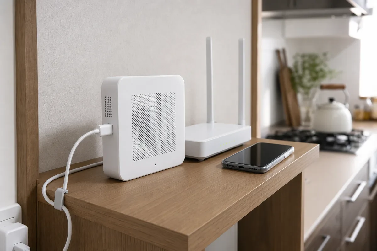 USB-CケーブルにつないだQingping Air Monitor Liteと2.4GHz Wi-Fiを確認するスマートフォン
