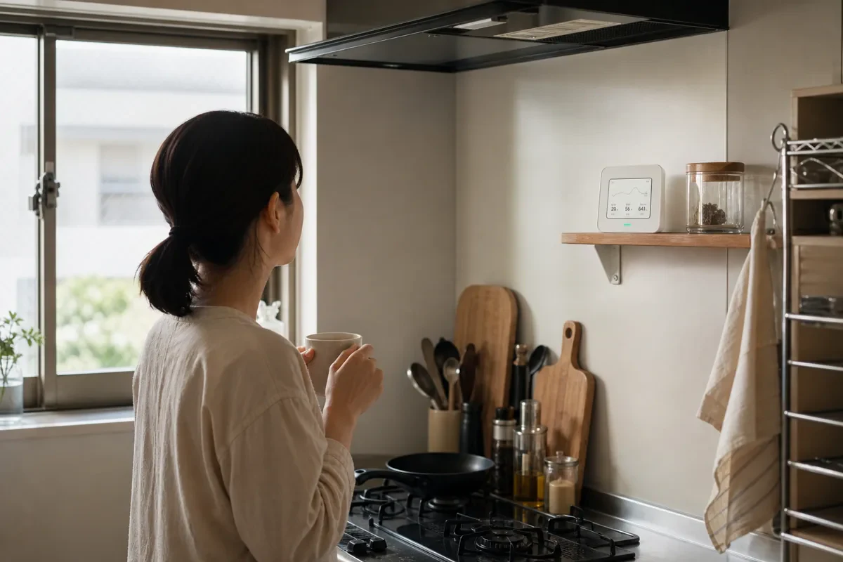 換気を終えた台所の棚で、空気質モニターの記録を確認する暮らし