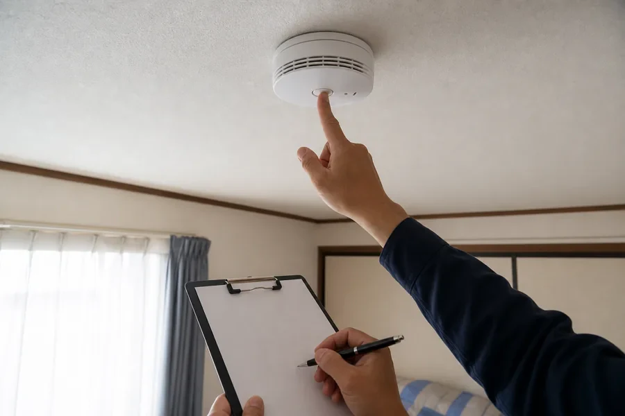 交換後の住宅用火災警報器のテスト音を家族が確認し、設置日をメモする場面