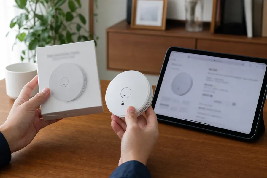住宅用火災警報器の購入ページをスマートフォンで開き、型番と煙式の表示を照合する場面