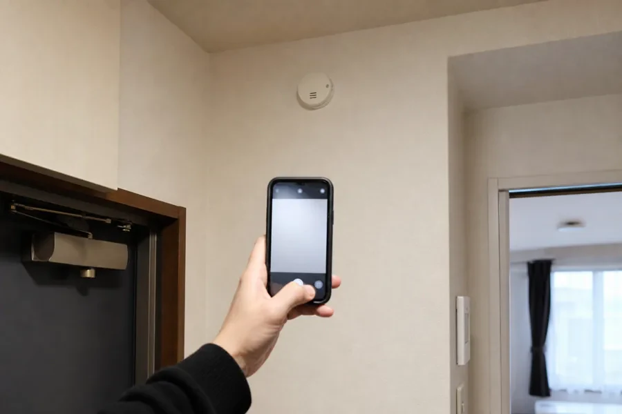 賃貸住宅の玄関先で、住宅用火災警報器の型番写真を管理会社へ送るスマートフォンを確認する場面