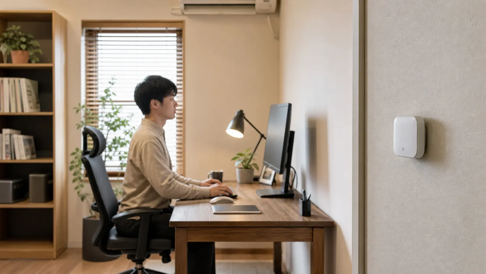 壁からデスクの椅子へ向けて在室検知センサーを置く高さを確認するイメージ