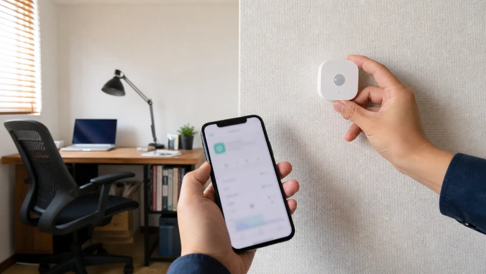 壁に仮置きしたセンサーを確認しながら、スマホの在室表示を見る手元