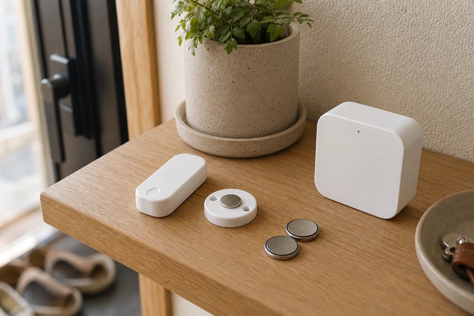 電池、台座、汎用センサー、スマートホーム機器を日本の玄関棚で確認するイメージ