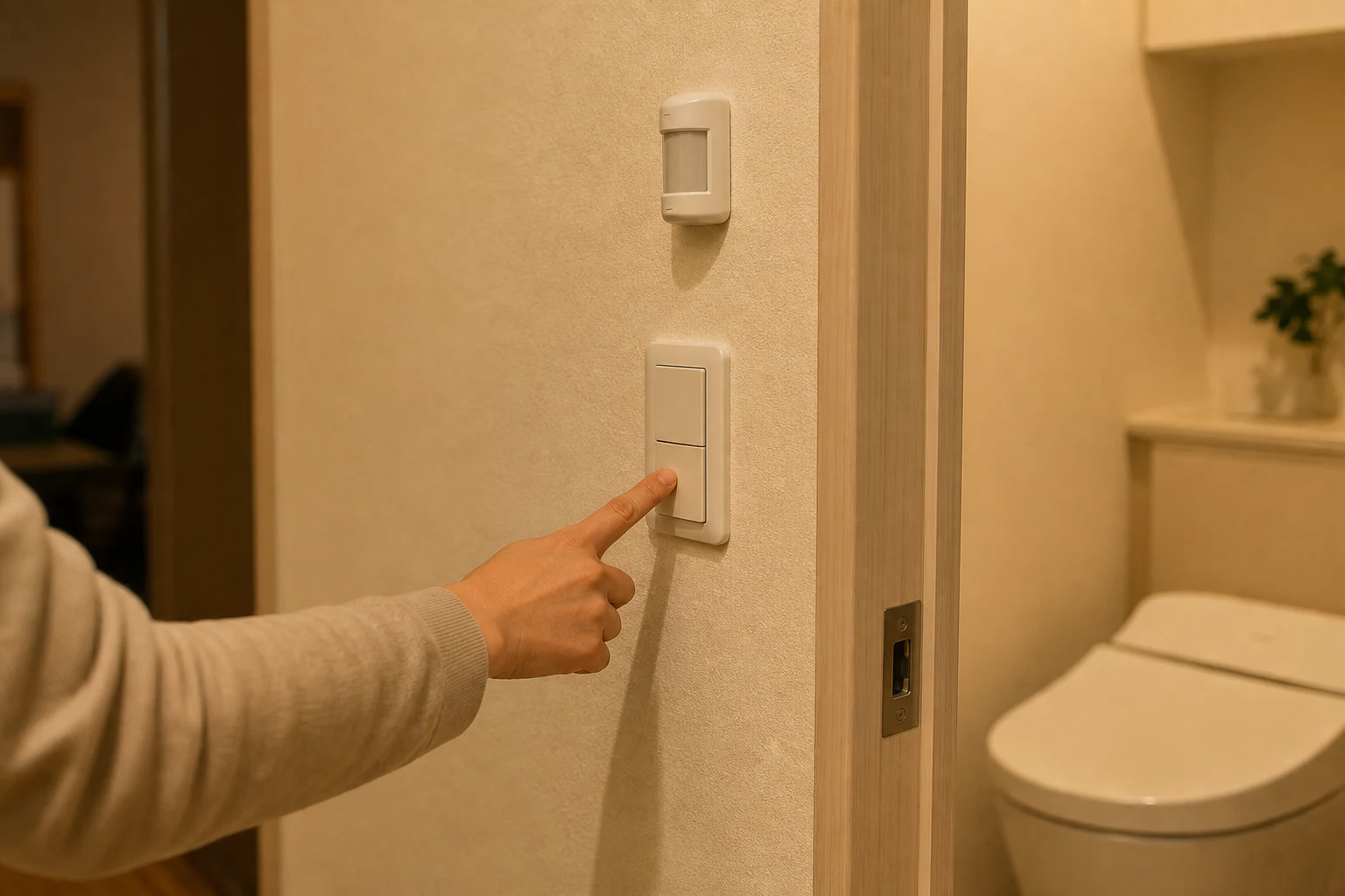 トイレの壁スイッチを手で操作し、近くにセンサーを残す家族運用のイメージ