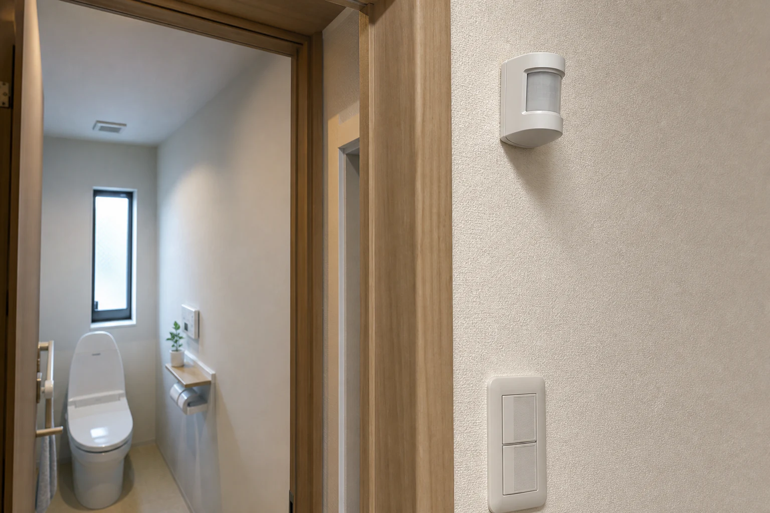 日本のトイレ入口へ向けて設置した小さなセンサーと壁スイッチのイメージ