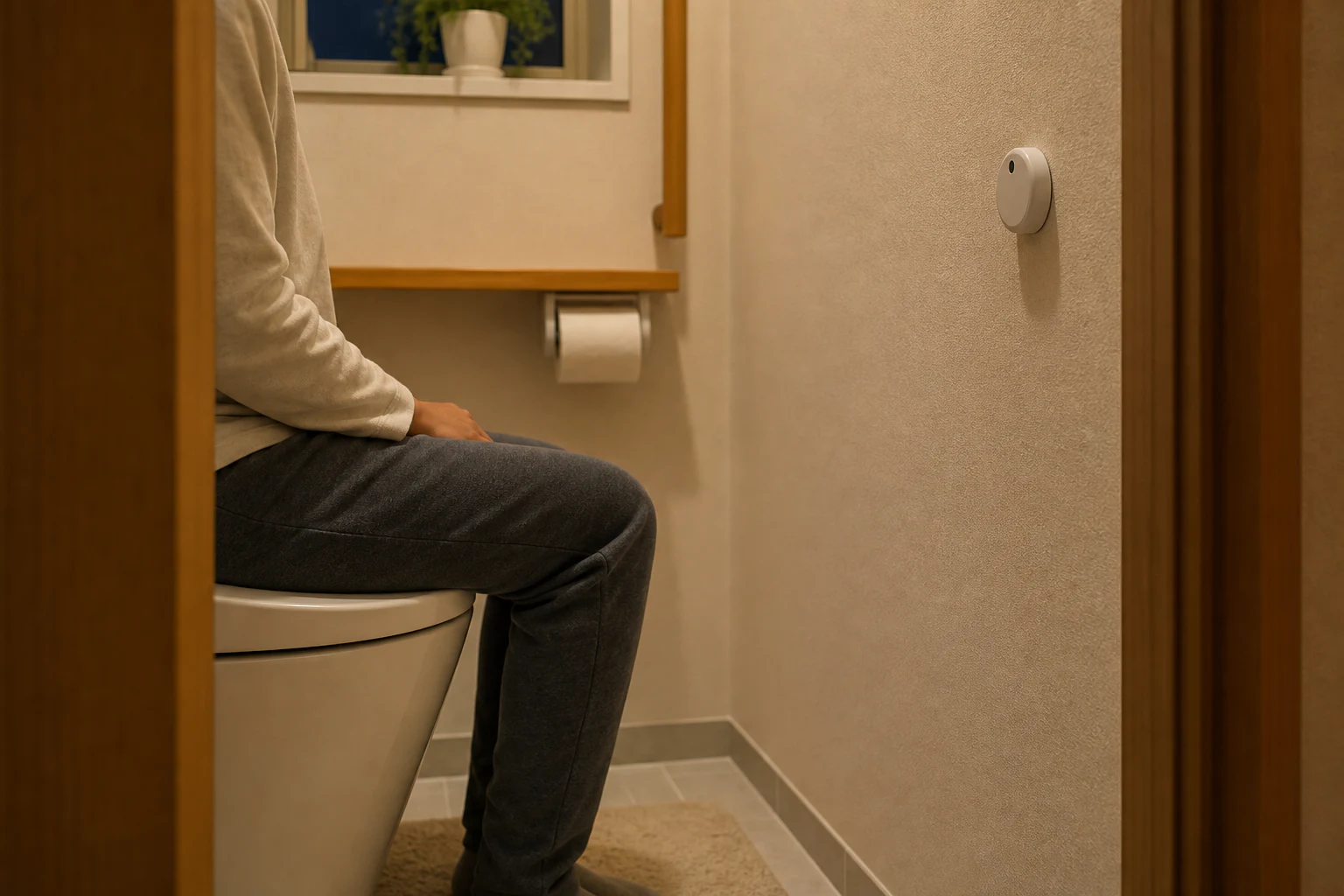 トイレの中で静かに座っている人と壁のセンサーを写した、静止検知のイメージ