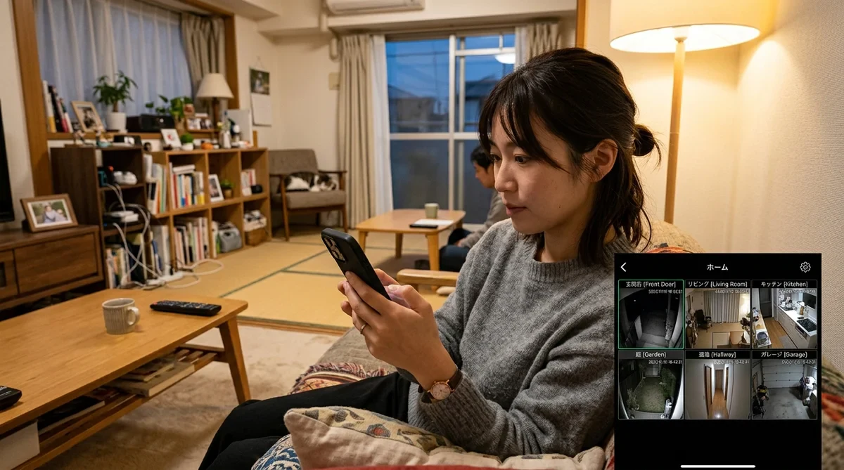 スマホで室内の見守り映像と通知を確認する場面